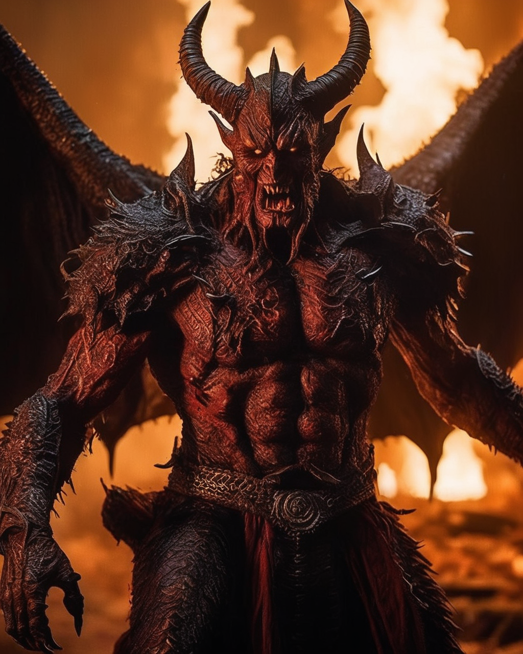 cinematic film still (Photo:1.3) of (Ultrarealistic:1.3) <lora:FF.101.juggernautXL_version6Rundiffusion.LORA:1.6> Horror-themed cinematic film still,a horrifying red-skinned male demon king, (full body portrait:1.3), (detailed monstrous evil face:1.4), screaming, wide spread bat like wings, (detailed scaly skin texture:1.2), long curved horns, (in hell, swirling tormented souls, billowing smoke:1.5), black spiky armor, shallow depth of field, vignette, highly detailed, high budget, bokeh, cinemascope, moody, epic, gorgeous, film grain, grainy . Eerie, unsettling, dark, spooky, suspenseful, grim, highly detailed,Highly Detailed . shallow depth of field, vignette, highly detailed, high budget, bokeh, cinemascope, moody, epic, gorgeous, film grain, grainy