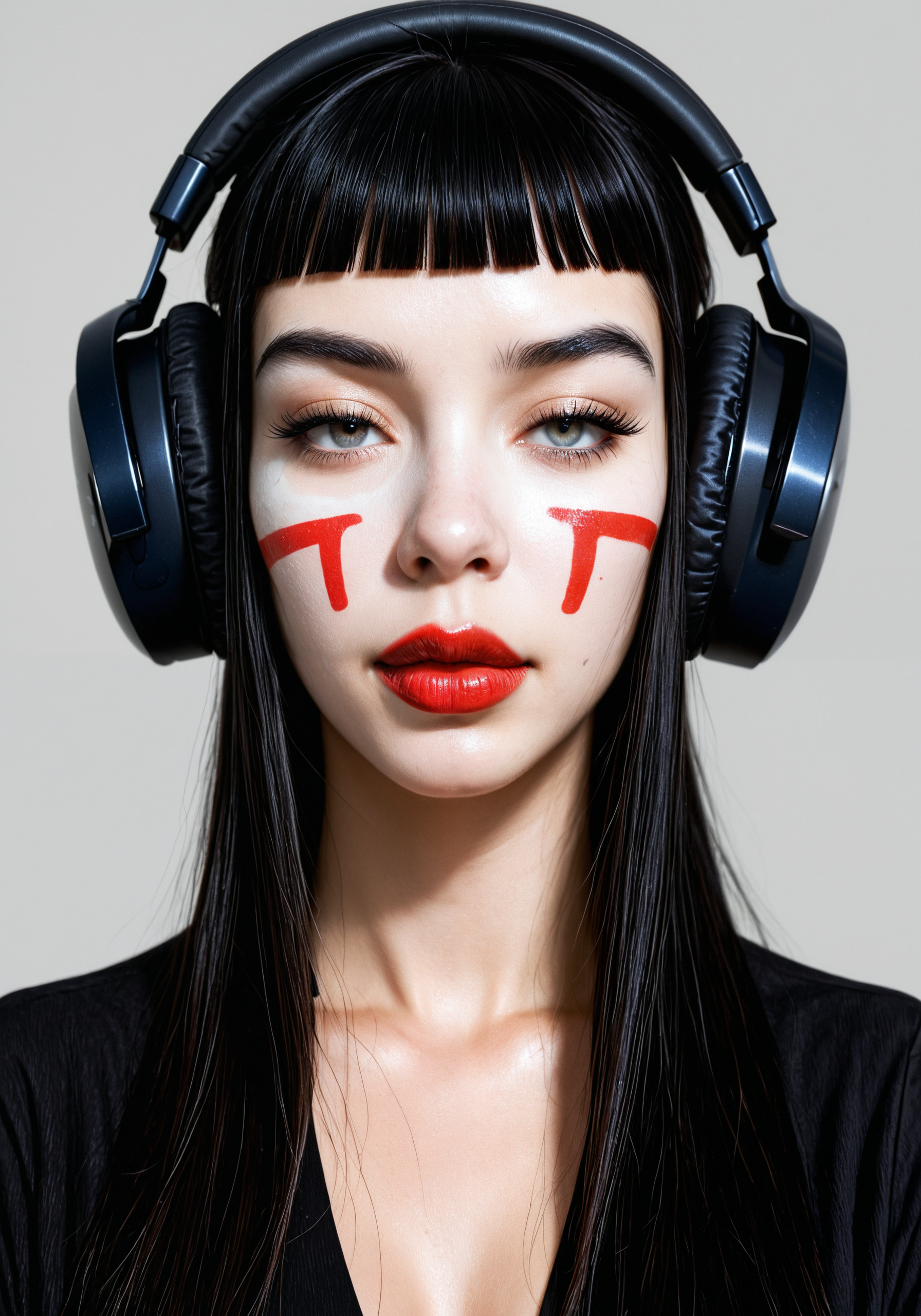 embedding:Stable_Yogis_PDXL_Positives2,  facelistic, realism, red lips, plump lips, white iris, cataract, face paint, 1girl, asian, bangs, black hair, blunt bangs, closed mouth, grey background, headphones, lips, long hair, nose, realistic, red lips, simple background, solo