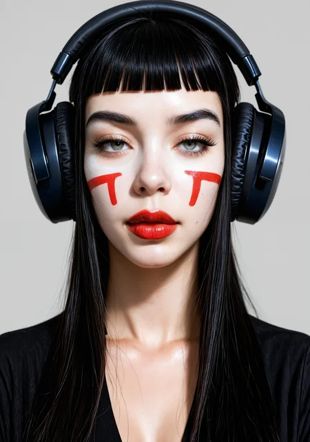 embedding:Stable_Yogis_PDXL_Positives2, facelistic, realism, red lips, plump lips, white iris, cataract, face paint, 1girl, asian, bangs, black hair, blunt bangs, closed mouth, grey background, headphones, lips, long hair, nose, realistic, red lips, simple background, solo