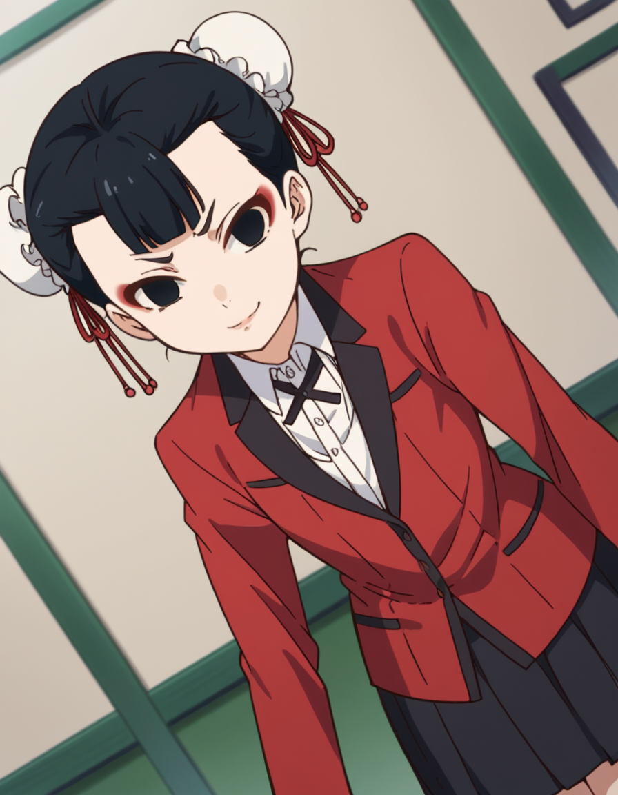 score_9, score_8_up, score_7_up, source_anime, <lora:miri-youbami-s2-ponyxl-lora-nochekaiser:1>, miri youbami, short hair, bangs, black hair, hair bun, black eyes, double bun, makeup, empty eyes, bun cover,, skirt, shirt, school uniform, jacket, white shirt, pleated skirt, collared shirt, black skirt, blazer, red jacket,, indoors, bent over, smile, smug, looking at viewer, solo,, cowboy shot, dutch angle
