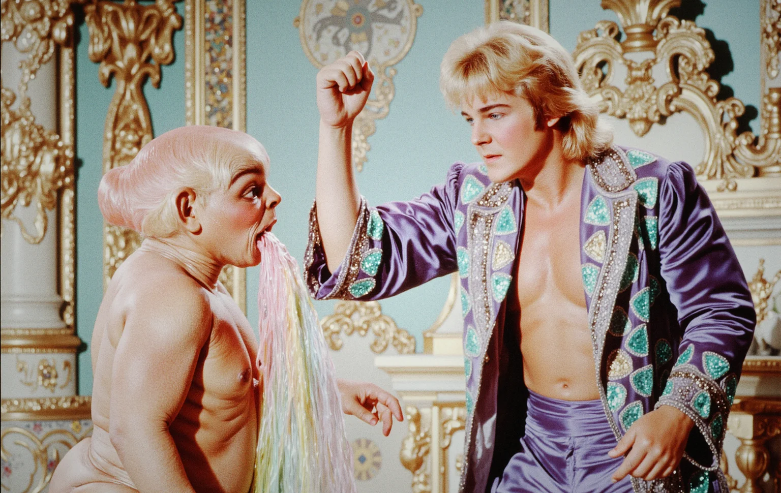 ArsMovieStill, movie still from a pastel-colored 1890s Rococo fantasy opera movie, in which gross troll e.t. the extra-terrestrial alien character with food poisoning is leaning over and vomiting large quantities of rainbow pastel blood and is savagely hit in the head from behind, violently struck by a badass blonde mullet haired angry Greg Valentine man in a purple velvet entrance robe with turquoise sequined hearts on it running with his right arm raised up in a brutal Hammer Elbow pose (colliding with e.t. the extra-terrestrial alien character). Ornate and intricate decor. Suffer alien character.