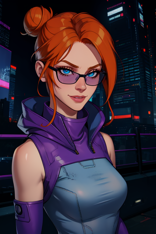 Kinzie, orange hair,  blue eyes,  hair bun, 
purple shirt, elbow gloves,  denim jeans,  purple shades, 
solo, standing, upper body,  smile, 
cyberpunk, city, 
(insanely detailed, beautiful detailed face, masterpiece, best quality) cinematic lighting,
 <lora:Safeword-10:0.7>