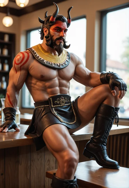 <lora:beastmaster_v3:0.9> beastmaster_v3
1boy,
brown eyes,
brown hair, black hair,
facial hair, beard, mustache,
horns,
red tattoo,
muscular, abs
red mask,
neck cloth ,gloves, boots,
One Leg Up, score_9, score_8_up, score_7_up, score_6_up, derpibooru_p_95,
detailed eyes, beautiful, detailed background, perfect eyes,
blur censor, blurry, blurry background, blurry foreground, bokeh, motion blur,
chromatic aberration, depth of field, figure, focused, focus
photography, realistic sun light and shadows, photorealism, UHD --ar 9:16 --style raw --stylize 700,
solo,
fancy bar, luxury party,, sitting in a café by the window,