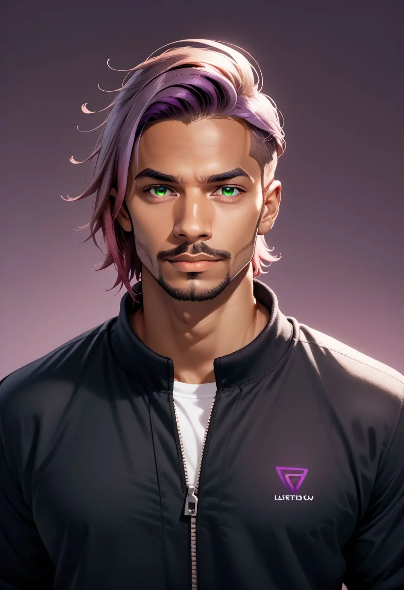 Cameron X'voor, 1boy, male focus, dark skin, dark skinned male, gradient hair, multicolored hair, green hair, maroon hair, purple hair, green eyes, facial hair, beard, gradient, gradient background, looking at viewer, male focus, mature male, mustache, black shirt, purple background, shirt, short hair, solo, undercut, upper body, white shirt, zipper PonyXLV6_Scores zPDXL