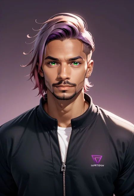 Cameron X'voor, 1boy, male focus, dark skin, dark skinned male, gradient hair, multicolored hair, green hair, maroon hair, purple hair, green eyes, facial hair, beard, gradient, gradient background, looking at viewer, male focus, mature male, mustache, black shirt, purple background, shirt, short hair, solo, undercut, upper body, white shirt, zipper PonyXLV6_Scores zPDXL