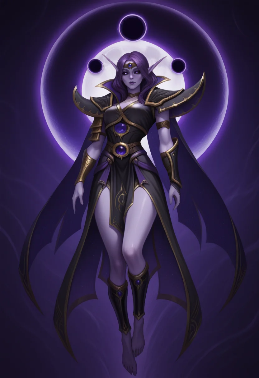 masterpiece, high quality, amazing detail,
1girl, solo,
ss-maminxalat, elf, black sclera, purple eyes, long eyebrows, pointy ears, colored skin, purple skin, purple lips, purple hair, circlet, black clothes, golden trim, high collar, big shoulder armor, single bracer, waist belt, pelvic curtain, back skirt,
detached cape, barefoot, floating, shin armor, barefoot,
abstract background, moon eclipse, detailed toes,
<lora:XalAtath_WOW_-_ILLU_by_SulfurSniffer:0.7>, <lora:Zarory_-_ILLU_by_SulfurSniffer-000009:0.7> ss-zar0ry-illu, semi realistic,