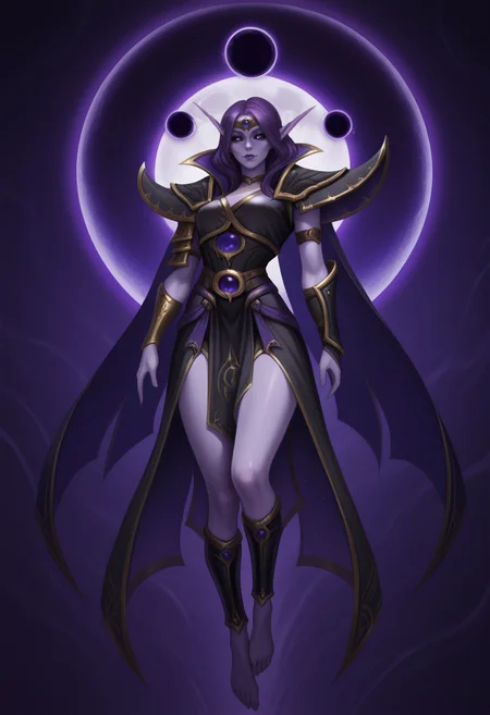 masterpiece, high quality, amazing detail,
1girl, solo,
ss-maminxalat, elf, black sclera, purple eyes, long eyebrows, pointy ears, colored skin, purple skin, purple lips, purple hair, circlet, black clothes, golden trim, high collar, big shoulder armor, single bracer, waist belt, pelvic curtain, back skirt,
detached cape, barefoot, floating, shin armor, barefoot,
abstract background, moon eclipse, detailed toes,
<lora:XalAtath_WOW_-_ILLU_by_SulfurSniffer:0.7>, <lora:Zarory_-_ILLU_by_SulfurSniffer-000009:0.7> ss-zar0ry-illu, semi realistic,