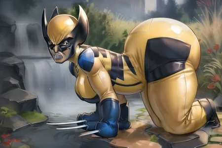 (pooltoy), floating on pond, canadian wilderness masterpiece ,best quality, side view, full body, sideview, short, (wolverine costume), wolverine mask, butch woman, solo, angry, claws