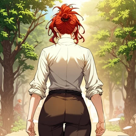 score_9, score_8_up, score_7_up, masterpiece, very high quality, Anime_source, AliciaTermina, blue eyes, red hair, medium hair, ponytail, working uniform, epiCPhoto, brown pants, white top, belt, abs, trees, dark sky, ass, moon