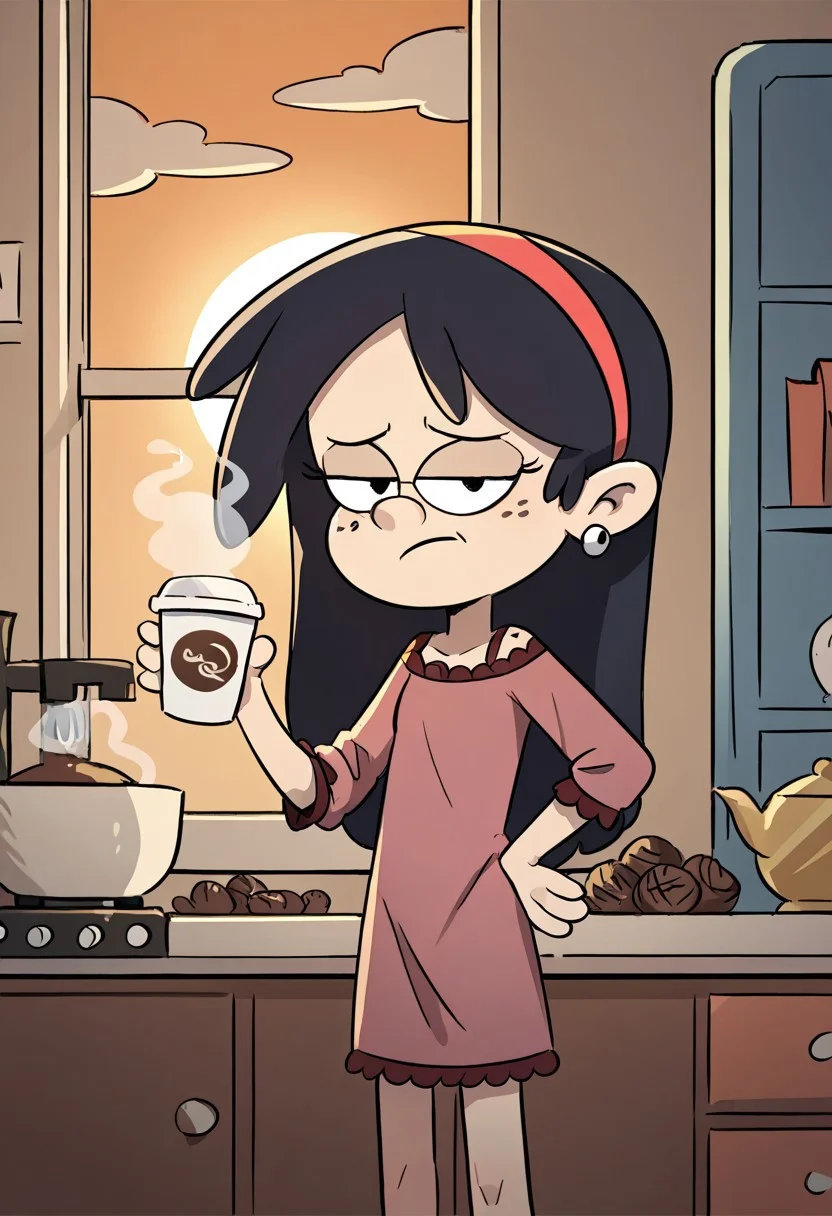 ((score_9)), score_8_up, ((high quality)), ((masterpiece)) BREAK
SidC, 1girl, good hands, five fingered hands, wear only lace nightgown, loose clothes, holding a cup of coffee, sleepy eyes, Perfect Hands, perfect anatomy, kitchen background, early morning, sunrise, one hand on hip, freckles, earring, black hair<lora:Sid_Chang:0.8>