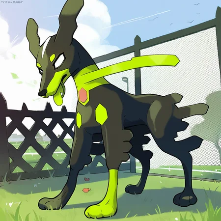 Score_7_up, score_8_up, side angle, pokemon (creature), zygarde10, dog, feral, looking at viewer, panting, green tongue, outdoors, backyard setting, fence, grass, dog toy,