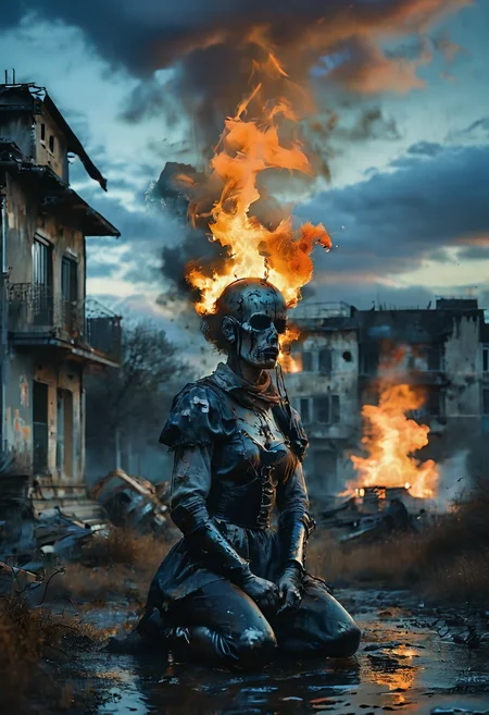 (Full body photograph, ultra-realistic:1.2). score_9, score_8_up, score_7_up, female gothic sexbomb knight , portrait, kneeling, defeated, tired, gothic armor, open helmet, temple, reflections, highly detailed, film grain, <lora:zy_Realism_Enhancer_v1:0.75>
BREAK scenery. sky. outdoors. cloud. fire. building. tree. burning. cloudy sky. smoke. sunset. nature. city. cityscape. blue sky. The photograph captures a moment during sunset with dramatic cloud formations that are tinged by fiery oranges and deep purples against an otherwise muted sky.
<lora:MoodySky_set2:0.67>