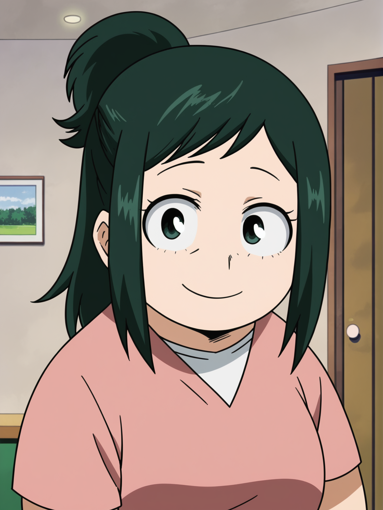 <lora:Inko_Midoriya:1>,inko,1girl,green hair,green eyes,ponytail,shirt,upper body,looking at viewer,indoors,smile