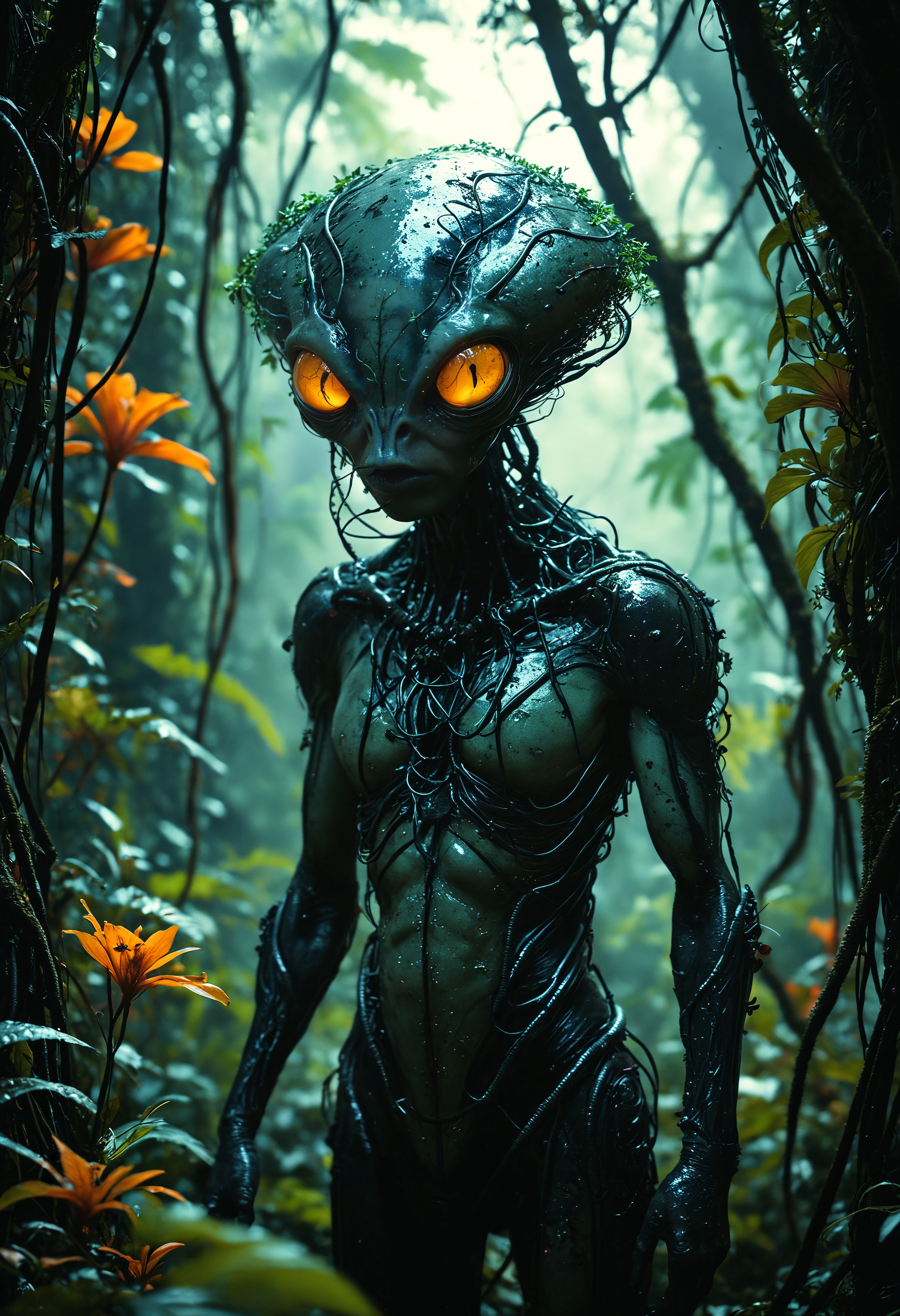 cinematic film still In the heart of an alien jungle, human slaves are driven mercilessly by their alien captors, whose grotesque forms blend seamlessly with the nightmarish flora. The humans, gaunt and weary, are forced to harvest bizarre, pulsating plants that ooze a toxic, bioluminescent sap. The jungle is a tangle of twisted vines and sinister, predatory plants, creating a claustrophobic environment where danger lurks at every turn. The alien overseers, with their elongated limbs and predatory eyes, emit a low, menacing hum as they enforce their cruel commands. The image tells a harrowing tale of fear and suffering, with the oppressive darkness of the jungle serving as a constant reminder of the humans' desperate plight<lora:add-detail-xl:1> <lora:MJ52:0.5> . shallow depth of field, vignette, highly detailed, high budget, bokeh, cinemascope, moody, epic, gorgeous, film grain, grainy
