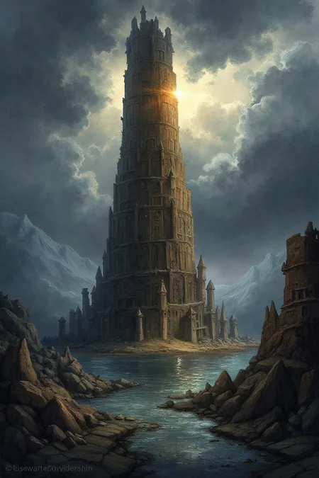 <lora:tower-of-babel-flux-d:1.6>
Fantasy painting of a narrow Tower of Babel surrounded by broken spires. Tower glows warmly under a stormy sky, its shadow reflected in a dark pool below. Vertical composition, rich with atmosphere. Painterly digital technique used to convey mythic grandeur and mystery. No watermarks or text.