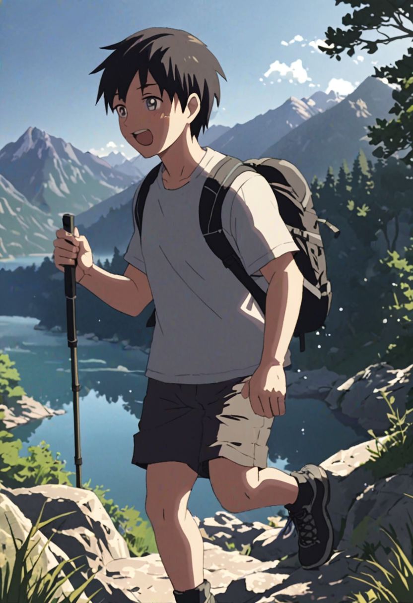 Highres, Masterpiece, High Quality, 4K, 8K, solo, 1Boy, Takaki Toono, adult, black hair, short hair, hiking gear, mountains, lakes, hiking trails, hot sun, hot weather, cool breeze, excited, stepping, happy, amazed, sweat drops, trees, rocks, easynegative, detailed_eye_model