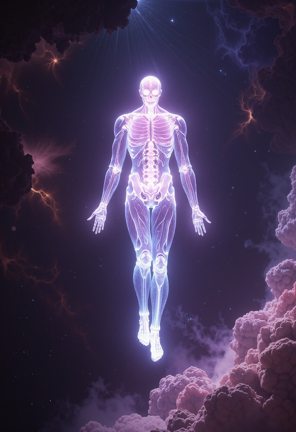 A hyper-realistic, glowing humanoid figure with an intricate exoskeleton made entirely of transparent crystal, bathed in soft pastel neon lights. The figureâs body is semi-translucent, revealing delicate, floating mechanical structures within. The exoskeleton is adorned with complex patterns and glowing lines that pulse with energy. The humanoid is suspended in mid-air within a vast, infinite void of deep, shimmering space, surrounded by swirling cosmic nebulae and stars. The light reflects and refracts through the crystal body, creating a radiant, ethereal glow that contrasts with the dark, starry backdrop. The mood is calm and otherworldly, capturing a moment of serene transcendence.     <lora:dark_fantasy_flux:0.83> <lora:FredFraiStyle-FLUX-Share:0.63> <lora:sxz-Dark-Fantasy-v2-Flux:0.33> drkfnts style, <lora:flux.1_lora_flyway_Epic-Characters_v1:0.43>