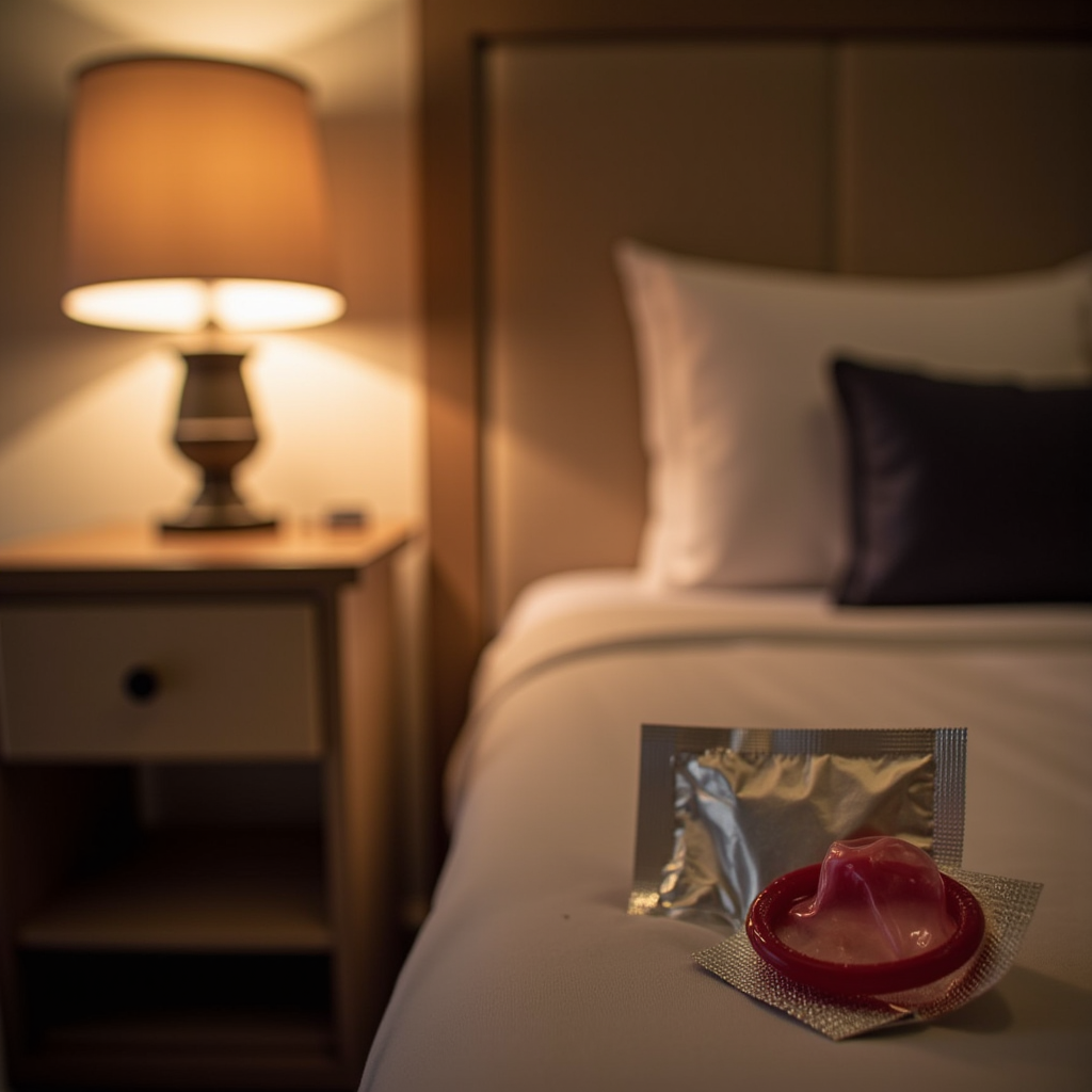 photograph of a condom in wrapper sitting on a night stand next to a bed under a lamp