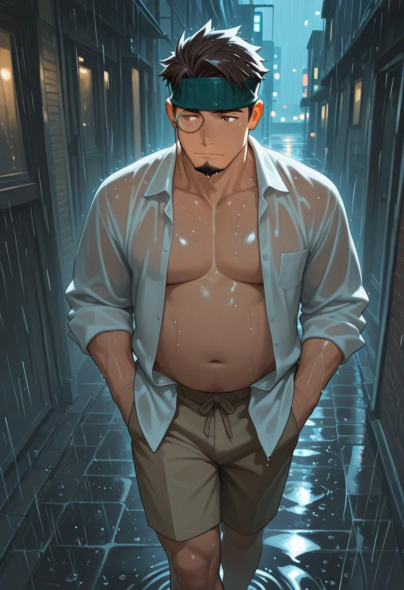 1boy, mbti_isfp, mature man, muscle body, (chubby:0.8), short hair, brown eyes, goatee, headband, monocle, walking, urban street, hands in pockets, looking thoughtful, cool, stylish, city lights, dramatic lighting, rain, wet ground, aesthetic, highres, masterpiece, best quality, film grain, open shirt, teasing, seductive gaze, implied nudity