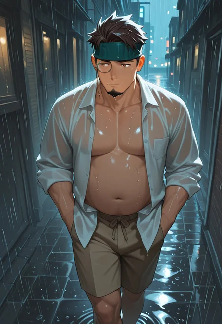 1boy, mbti_isfp, mature man, muscle body, (chubby:0.8), short hair, brown eyes, goatee, headband, monocle, walking, urban street, hands in pockets, looking thoughtful, cool, stylish, city lights, dramatic lighting, rain, wet ground, aesthetic, highres, masterpiece, best quality, film grain, open shirt, teasing, seductive gaze, implied nudity