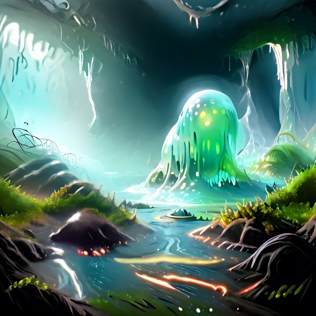 Mangrove swamp, Swamp made of slime, muck slime, trees made of slime, swamp monster made of slime, glowing mushrooms made of slime, night time, dusk, dense trees, 
swamp monster, PEEpicLand, 
((translucent slime)), ((transparent slime)), (bioluminescent slime), sl1m3, slime, ais-blmn, watce, je11y, thickwater, great lighting, ral-lava, even lighting, no bright spots, overcast lighting, low brightness,