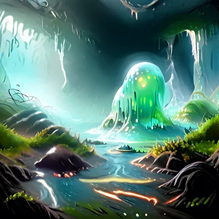Mangrove swamp, Swamp made of slime, muck slime, trees made of slime, swamp monster made of slime, glowing mushrooms made of slime, night time, dusk, dense trees,
swamp monster, PEEpicLand,
((translucent slime)), ((transparent slime)), (bioluminescent slime), sl1m3, slime, ais-blmn, watce, je11y, thickwater, great lighting, ral-lava, even lighting, no bright spots, overcast lighting, low brightness,