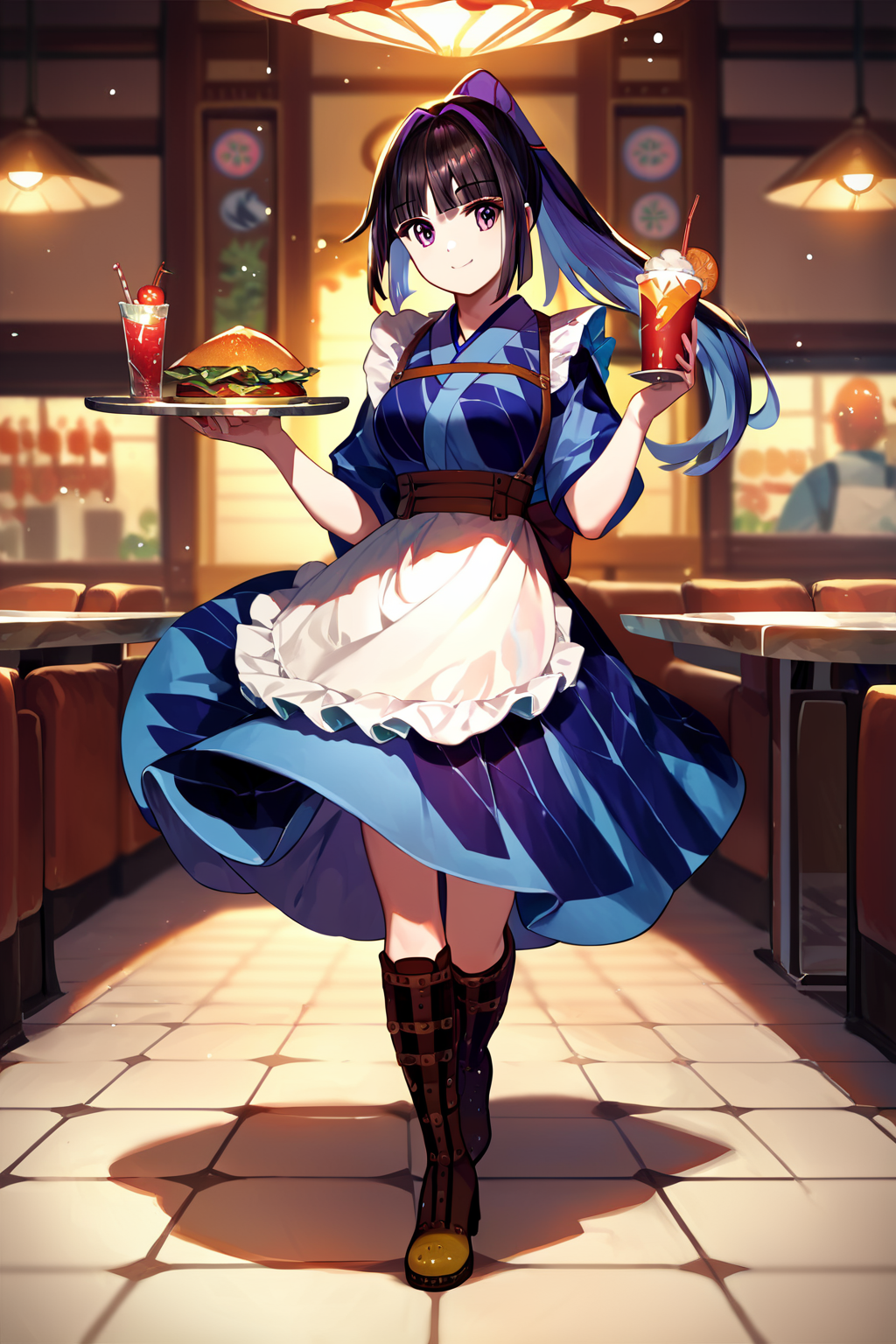 score_9, score_8_up, score_7_up, score_6_up, rating_safe, source_anime, best quality, masterpiece, detailed background, restaurant, <lora:karasuba-xl-03:0.9>, karasuba, prima uniform, white apron, ponytail, brown boots, medium breasts, smile, carrying a tray of drinks, standing on one leg,