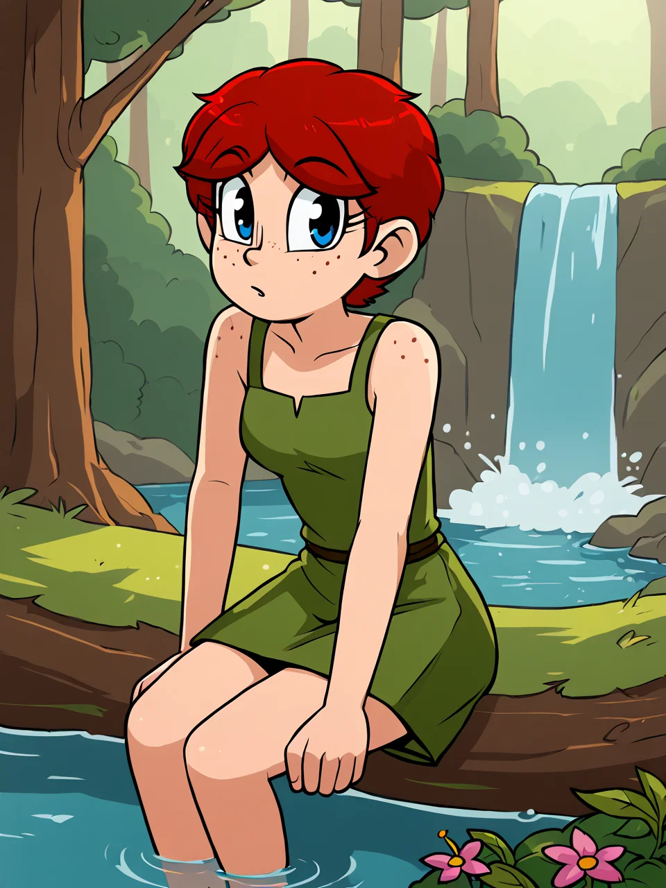 score_9, score_8_up, score_7_up, score_6_up, BREAK, N1ch0le, 1girl, solo, short hair, blue eyes, red hair, freckles, green dress, in the forest, sitting, leaning forward, flower, outdoors, day, water, tree, looking at viewer, waterfall, moss <lora:Nichole-000010:1>