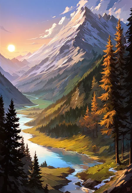 score_9, score_8_up, score_7_up, masterpiece, landscape, trees, sun, forest, mountains, river