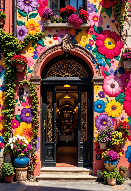 A charming, colorful European alley with a flower-covered building facade. The building exterior is painted in bright shades of coral pink and deep red, decorated with an intricate mural of large, vibrant flowers in full bloom, including daisies, peonies, and sunflowers. The floral designs are bold and graphic, with thick black outlines reminiscent of pop-art or a mural by Georgia O'Keeffe. Potted plants and climbing ivy surround the doorway, enhancing the lush feel. The ornate arched doorway features a black iron gate with swirling decorative patterns in yellow and red, framed by vibrant ceramic pots with blooming flowers. Warm natural light casts gentle shadows, highlighting the vivid colors and textures of the painted and real flowers. Urban photography style, detailed, vibrant, and immersive, with inspiration from European street art and the colorful works of artists like Romero Britto. in the style of Jed-clrfl <lora:flux-colourful:0.3> <lora:Sinfully_Stylish_.02_for_FLUX:0.6> <lora:FluxDFaeTasticDetails:0.7>