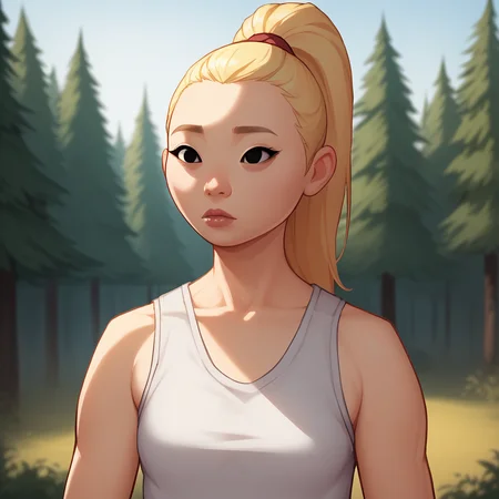 score_9_up, score_8_up, BREAK, Asian, 1girl, solo, blonde hair, high ponytail, black eyes, tank top, upper body, <lora:AsianWoman_Face_PXL_Leaf1:1>, outdoors, depth of field, forest,
