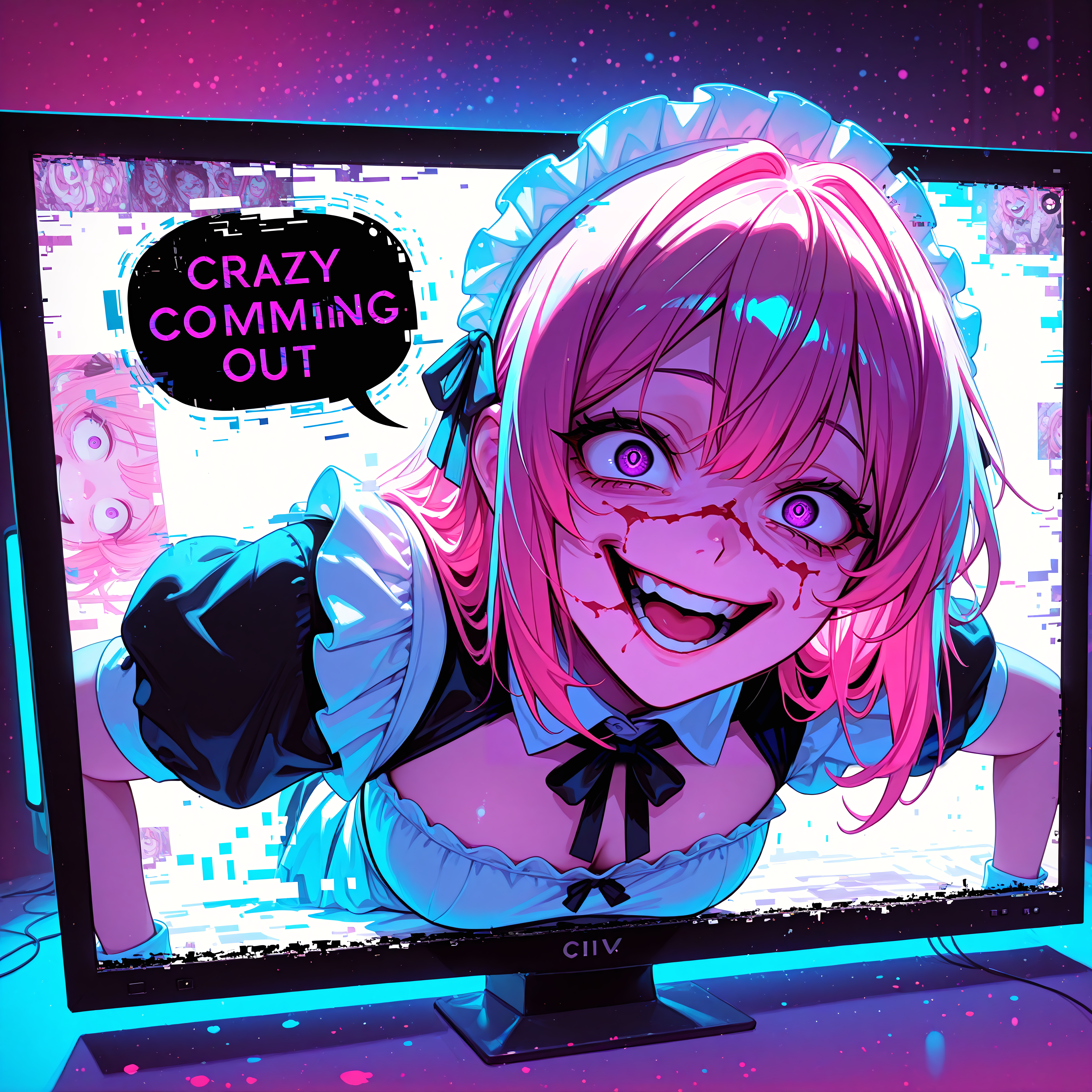 smooth positive, masterpiece, best quality, good quality, newest, highres, absurdres, 8K, bright colors, multicolored background, from above, neon palette, wide angle,  1girl, (glitch effect:1.2), CivChan, crazy smile, purple eyes, pink hair, maid headdress, maid, civitailogo on screen, coming out of monitor, dutch angle, (through screen:1.5), (coming out of television), speech bubble, senpai, english text,
masterpiece, best quality, good quality, newest, highres, absurdres, 8K, bright colors, <lora:add-detail-xl:2> <lora:CivChan:0.8> <lora:civitlogoIllustrious:1>