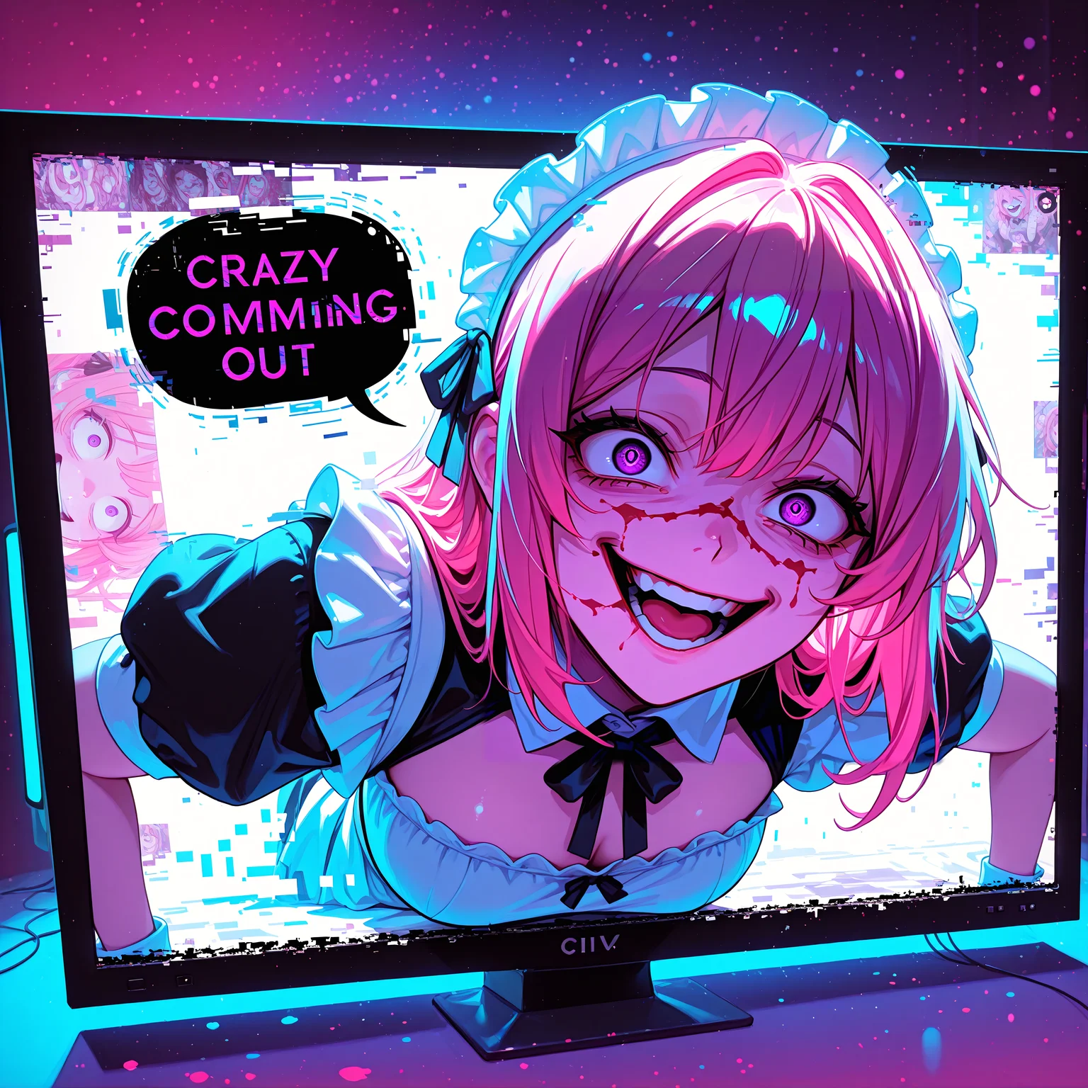 smooth positive, masterpiece, best quality, good quality, newest, highres, absurdres, 8K, bright colors, multicolored background, from above, neon palette, wide angle, 1girl, (glitch effect:1.2), CivChan, crazy smile, purple eyes, pink hair, maid headdress, maid, civitailogo on screen, coming out of monitor, dutch angle, (through screen:1.5), (coming out of television), speech bubble, senpai, english text,
masterpiece, best quality, good quality, newest, highres, absurdres, 8K, bright colors, <lora:add-detail-xl:2> <lora:CivChan:0.8> <lora:civitlogoIllustrious:1>