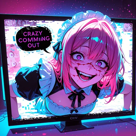 smooth positive, masterpiece, best quality, good quality, newest, highres, absurdres, 8K, bright colors, multicolored background, from above, neon palette, wide angle, 1girl, (glitch effect:1.2), CivChan, crazy smile, purple eyes, pink hair, maid headdress, maid, civitailogo on screen, coming out of monitor, dutch angle, (through screen:1.5), (coming out of television), speech bubble, senpai, english text,
masterpiece, best quality, good quality, newest, highres, absurdres, 8K, bright colors, <lora:add-detail-xl:2> <lora:CivChan:0.8> <lora:civitlogoIllustrious:1>