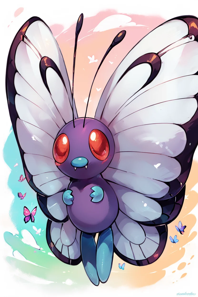 score_9, score_8_up, score_8, ,,, , ,,, zzButterfree, no humans, pokemon (creature), bug, wings, antennae, butterfly, <lora:Butterfree_Pokemon_PDXL:1.0>, ,,,, BREAK, smile, looking at viewer, ,,, abstract background, white outline, cowboy shot, ,,, embedding:zPDXL, Expressiveh, ,,, <lora:CatalystStylePDXL:0.6>, <lora:SDXLFaeTastic2400:0.5>, <lora:Expressive_H-000001:0.4>,