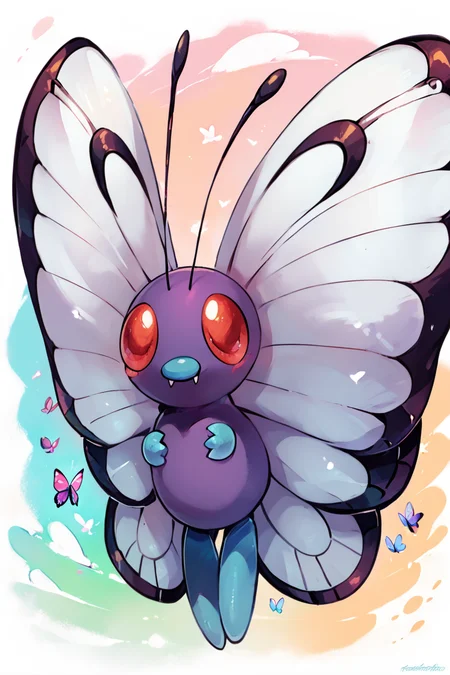 score_9, score_8_up, score_8, ,,, , ,,, zzButterfree, no humans, pokemon (creature), bug, wings, antennae, butterfly, <lora:Butterfree_Pokemon_PDXL:1.0>, ,,,, BREAK, smile, looking at viewer, ,,, abstract background, white outline, cowboy shot, ,,, embedding:zPDXL, Expressiveh, ,,, <lora:CatalystStylePDXL:0.6>, <lora:SDXLFaeTastic2400:0.5>, <lora:Expressive_H-000001:0.4>,