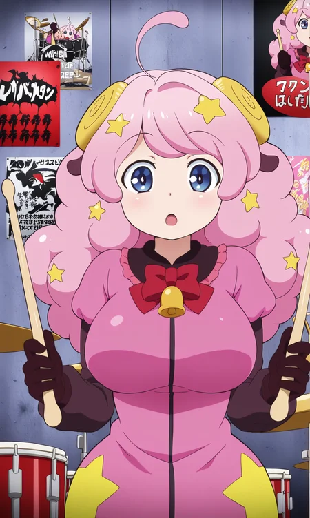 masterpiece, best quality, curvy, beautiful eyes, zzmoa, 1girl, solo, looking at viewer, pink hair, blue eyes, sheep ears, animal ears, hair ornament, long hair, ahoge, instrument, drumsticks, drum, sheep horns, star \(symbol\), bow, horns, star hair ornament, :o, gloves, drum set, bell, bowtie, red bow, open mouth, sheep girl, parody, upper body, poster \(object\),