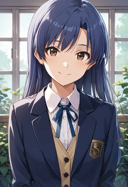 score_9, score_8_up, score_7_up, source_anime, kisaragi chihaya, blue hair, long hair, brown eyes, 1girl, solo, smile, school uniform, blazer, jacket, ribbon, looking at viewer, upper body, neck ribbon