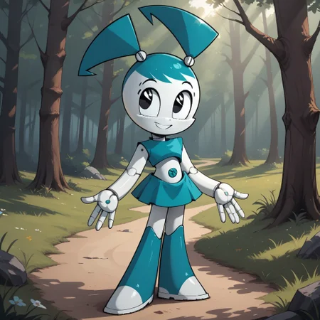 score_9, score_8, BREAK, solo, Jenny_Wakeman_(Teenage_Robot), white skin, black eyes, blue hair, screw bobbles, twintails, blue skirt, blue top, navel, screw navel, joints, robot girl, self portrait, smile, looking at viewer, outdoors, sunlight, shadows, evening lighting, natural lighting, forest, trees, grass, orange sky, sunset