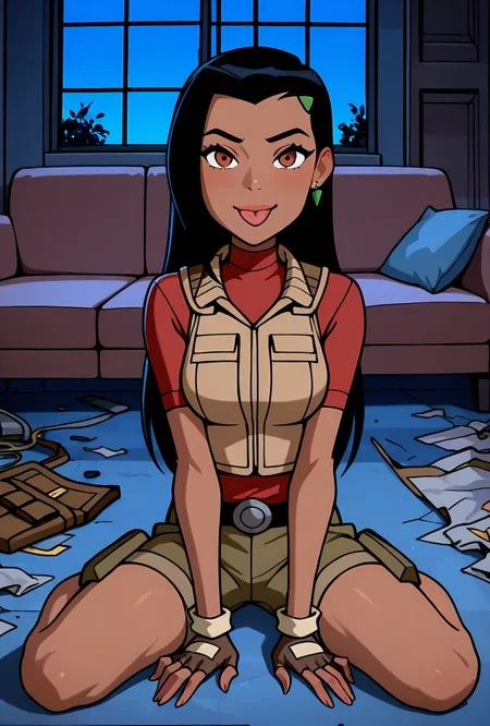 <lora:ovkai-10:1> ovkai, 1girl, long hair, black hair, dark skin, hairclip, earrings, lips, red under shirt, raglan sleeves, turtleneck, brown cargo shorts, brown bulletproof vest, fingerless gloves, ((cartoon, screencap)), dynamic pose, expressive, amazing quality, best quality, facial expression , smile, :P, full body, living room, messy room, couch, night, sitting,, masterpiece, best quality, amazing quality, very aesthetic, absurdres, newest,