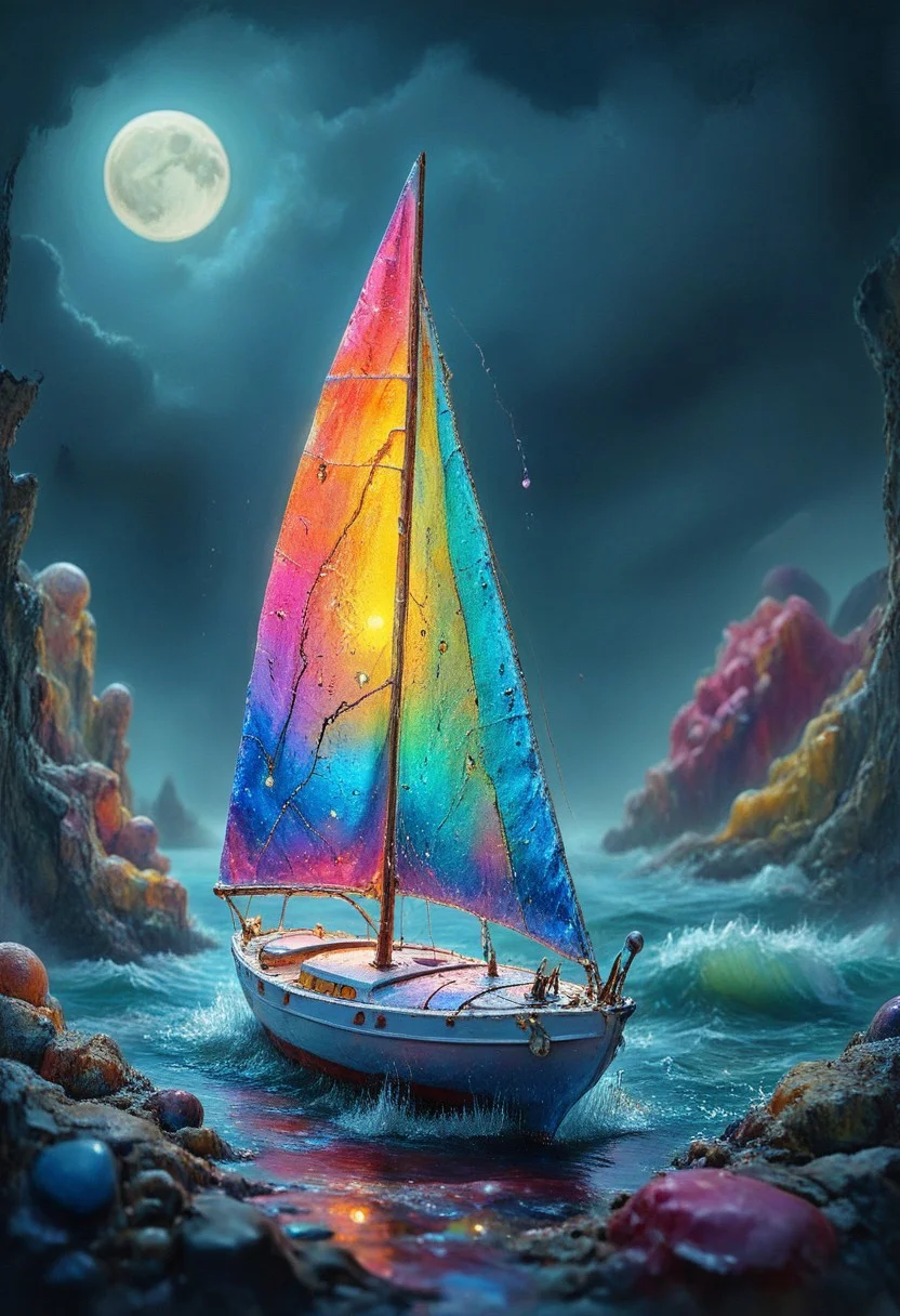 watercolor painting, Surreal, Create a colorful, sailboat sailing through a desolate and dreary cityscape. The boat conveys a sense of calm and wonder, translucent, complex, detailed, lots of detail, extremely detailed, full of detail, wide color palette, dynamic, cinematic, sharp details, 32k resolution, a masterpiece, award winning, big moon sharp focus, high contrast, stylized, clear, surreal, ultra quality , 8k, best quality, masterpiece, textural, artistic, midjourneyv6.1, cube, surr, cube impression, vivid color, Colorful Chaos Cracks and Drops, psychedelicv2lora, colorful, psychvibes artstyle, abstract, scenery