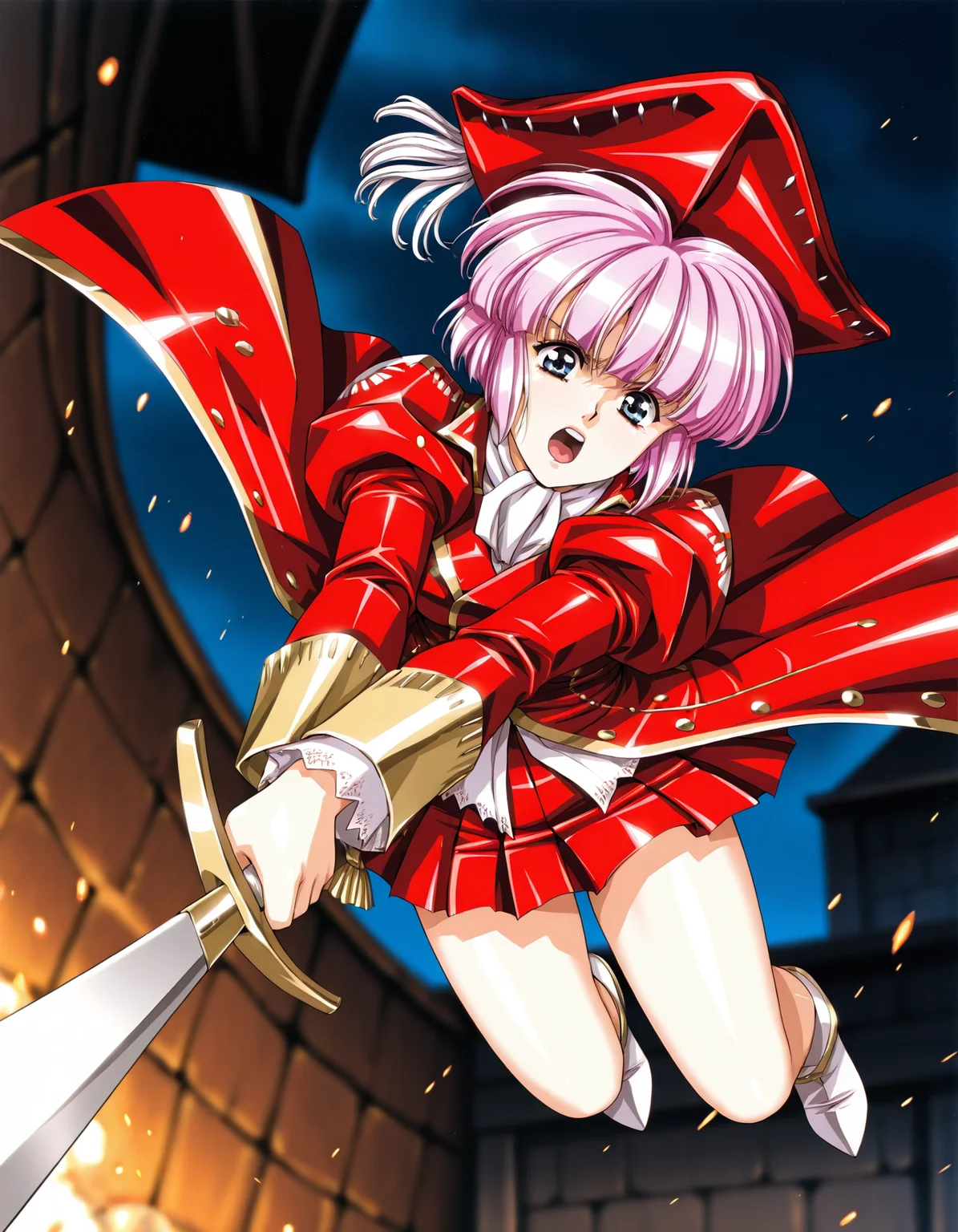 <lora:silverneil-illustrious-000072:1> diana silverneil, tricorne, juliet sleeves, coat, red coat, red skirt, miniskirt, white footwear
1girl, solo, attack, sword, pov, determined, open mouth, jumping, dynamic, medieval, outdoors, night, embers, blurry background