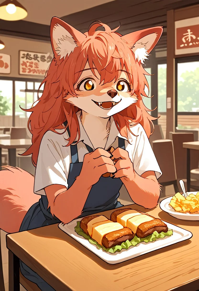 score_9, score_8, score_7, source_anime, rating_safe, solo, furchan, furcasual,
happy, smile, sitting,
restaurant, food on table,
