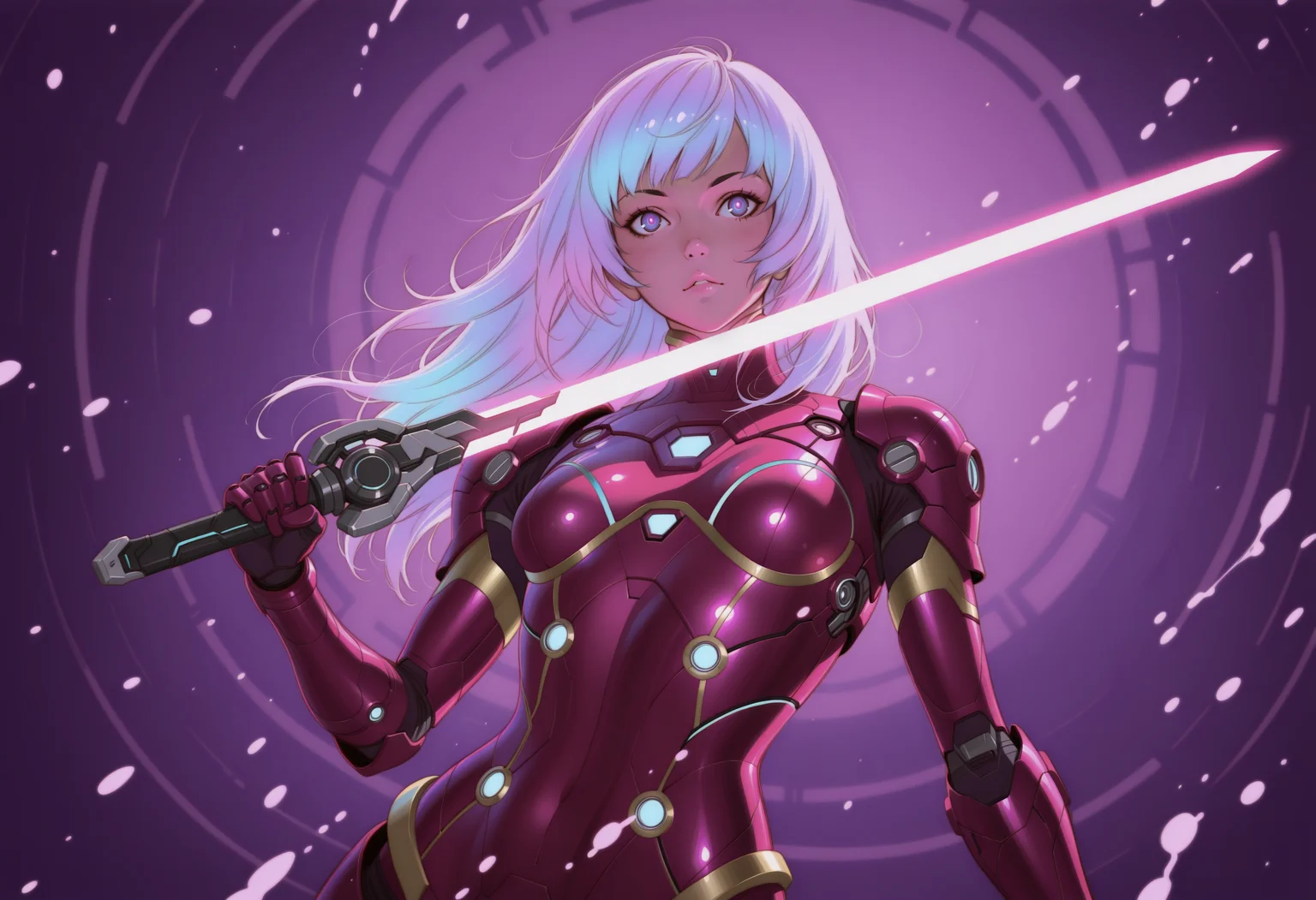 (by ilya kuvshinov), (by studio ghibli), (by himitsu \(hi mi tsu 2\), ),   arms at sides, long hair, shade, shader. iridescent hair, paint splash, detailed, Neon Pink theme, purple light, mecha musume, mecha girl, technical, bodysuit,upper body, 2d, highly detailed, mechanical detail, impressionistic,  sketch,  (((highly detailed))) (((incredibly detailed))) (((fine details))) (((superb details))) mechanical undulations, sketch, lineart:0.5,  iron man suit, from below, dutch angle, mass effect \(series\), energy barrier, violet armor, holding sword, swinging sword, energy sword, aura blade, small breasts
 <lora:NOOB_vp1_detailer_by_volnovik_v1:0.6>