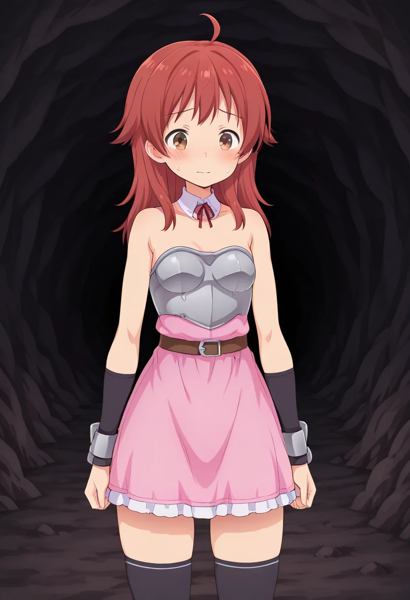 1girl, solo, hannalbdilus, red hair, medium hair, ahoge, brown eyes, detached collar, pink strapless dress, armor, arm_guards, bracers, breastplate, thighhighs, cave, cavern, cave interior, cowboy shot, straight-on, sweatdrop, nervous, standing,