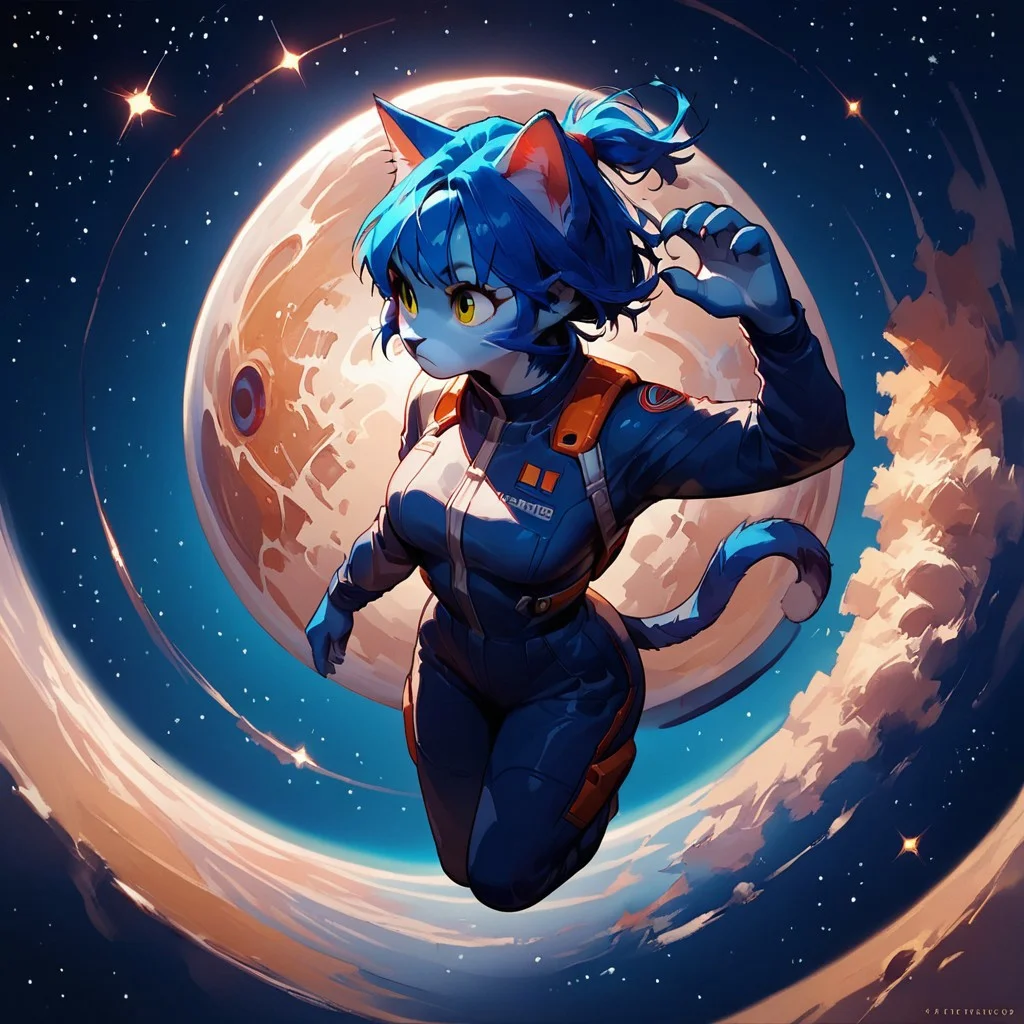 blue Anthro cat, Audr3yC4t,
score_9, score_8_up, score_7_up, source_anime, solo, Floating, in space, space suit, medium breasts, Look of wonder and amazement, stars, From above, far away,