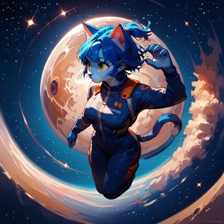 blue Anthro cat, Audr3yC4t,
score_9, score_8_up, score_7_up, source_anime, solo, Floating, in space, space suit, medium breasts, Look of wonder and amazement, stars, From above, far away,