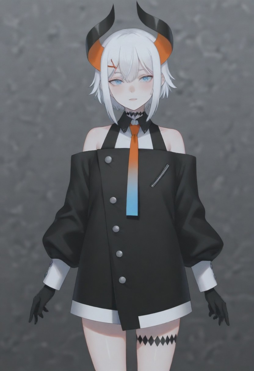 masterpiece, best quality, amazing quality,,, shiny skin,,,,,,,,nijilevi,,blue eyes,white hair,horn,pail skin,short hair,hairclip,nijilevicos,collared shirt,bare shoulder,gradient necktie,puffy long sleeves,white cuffs,black gloves,single thigh strap,