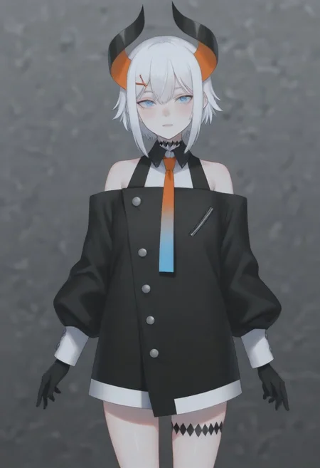 masterpiece, best quality, amazing quality,,, shiny skin,,,,,,,,nijilevi,,blue eyes,white hair,horn,pail skin,short hair,hairclip,nijilevicos,collared shirt,bare shoulder,gradient necktie,puffy long sleeves,white cuffs,black gloves,single thigh strap,