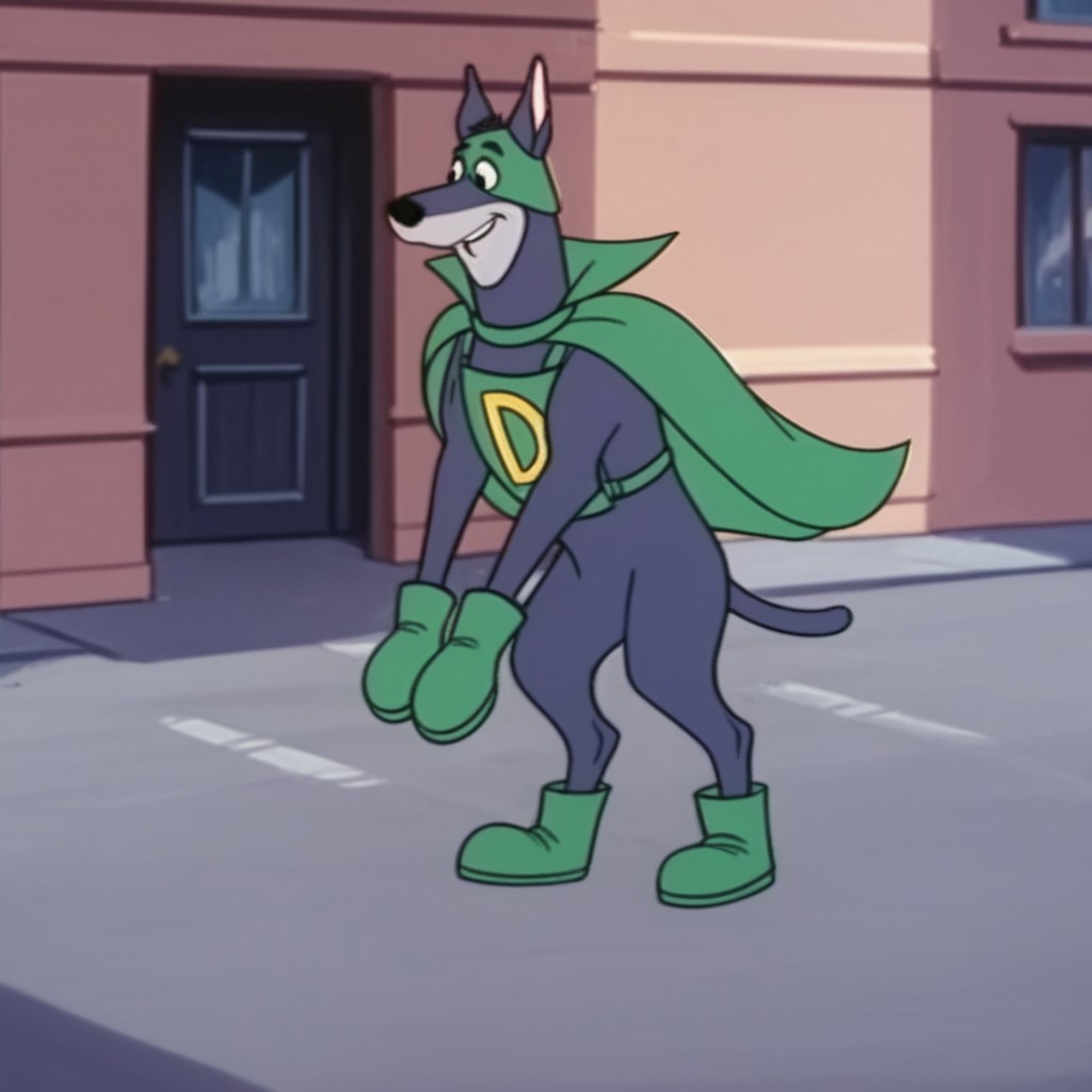score_9, score_8_up, score_7_up, score_6_up, score_5_up, score_4_up, source_furry, dynomuttHB, semi-anthro, male, Doberman,  Blue-gray fur, black eyes, green cape, green mask, green boots, green chest plate, green collar, green gloves, outside,